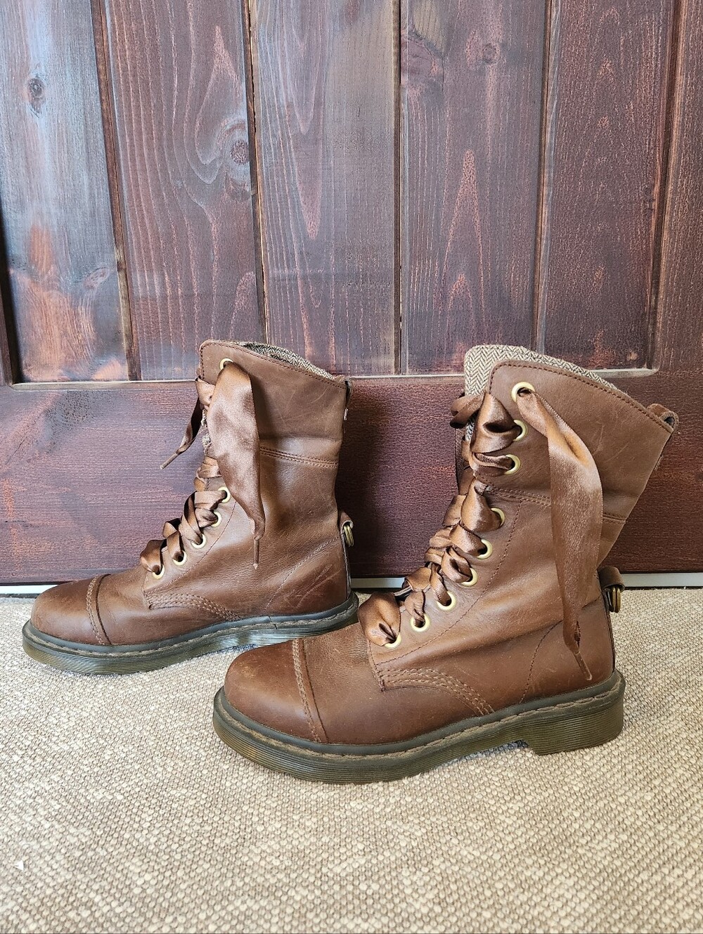 Dr Martens Aimilita W Sz 8 Brown Leather Fold Down Herringbone Tweed Lined Boots - Picture 2 of 8